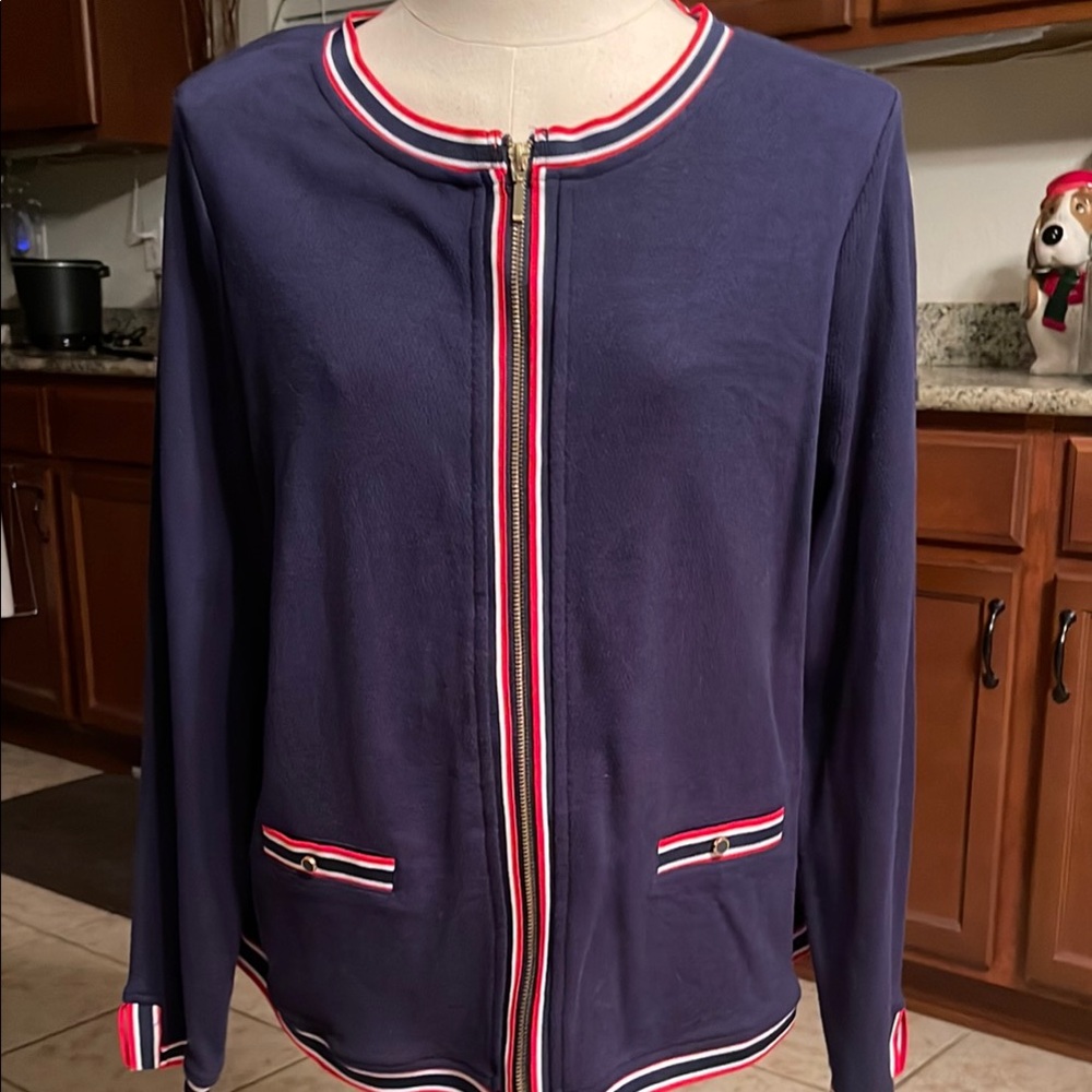 Cathy Daniels White and Blue Cardigan with Lightweight Style and Round Neckline